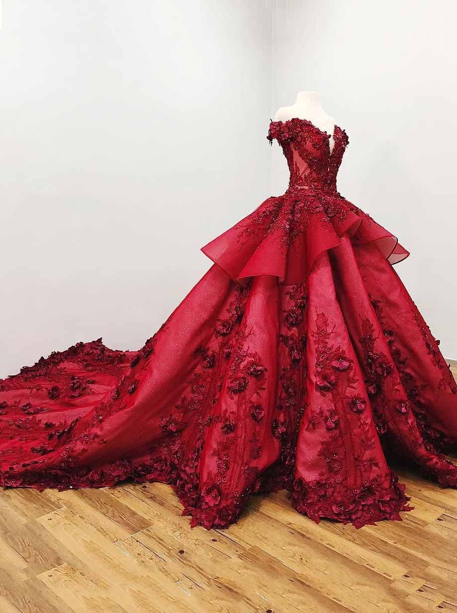 ball gown quinceanera dress burgundy beading prom dress with 3d appliques