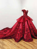 ball gown quinceanera dress burgundy beading prom dress with 3d appliques