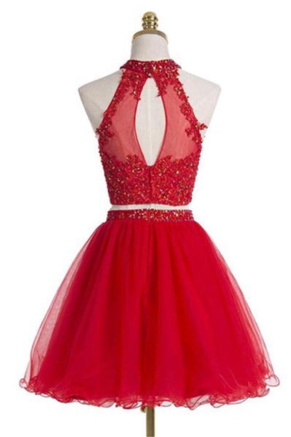 two pieces halter red sleeveless tulle homecoming dress