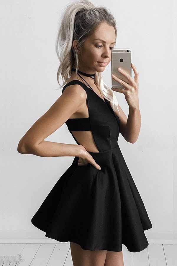 deep v neck black short homecoming party dress with cut out side