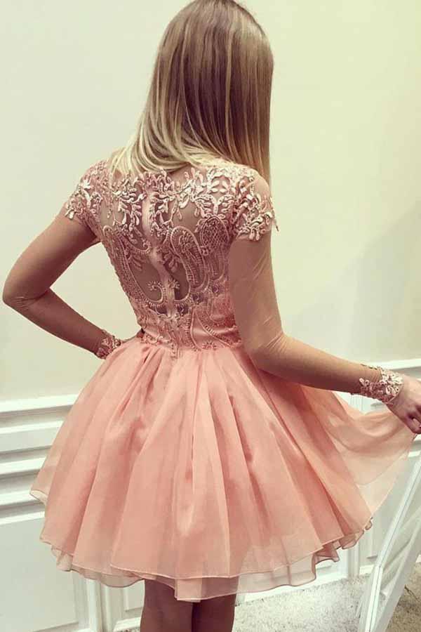 illusion neckline applique peach chiffon short homecoming dresses