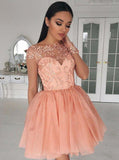illusion neckline applique peach chiffon short homecoming dresses