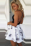a line black short prom homecoming dresses with floral print skirt