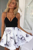 a line black short prom homecoming dresses with floral print skirt