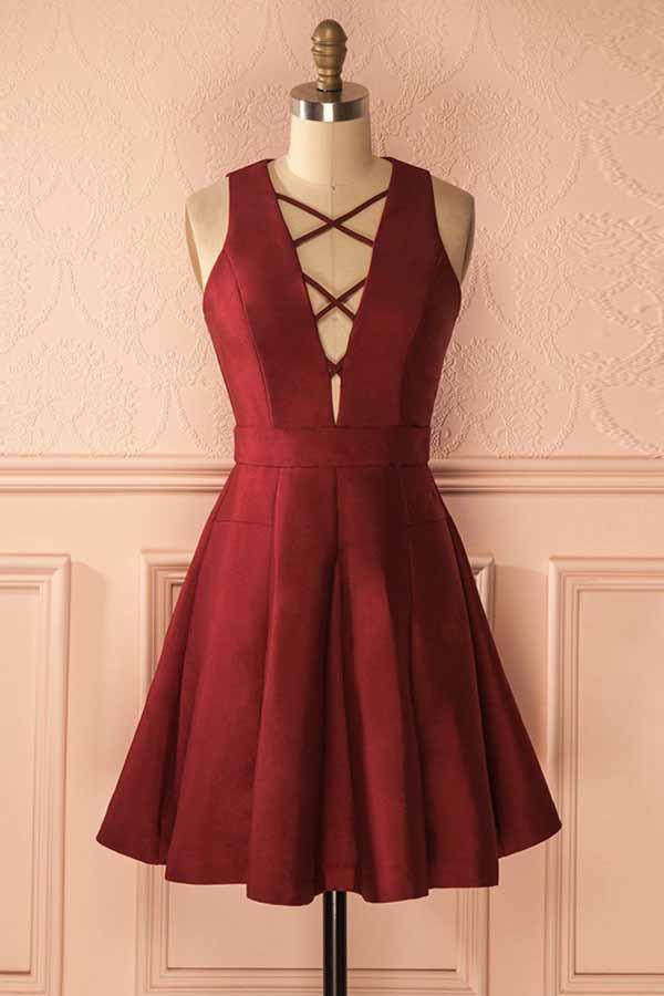 a line v neck lace up front short burgundy homecoming dresses