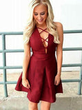 a line v neck lace up front short burgundy homecoming dresses