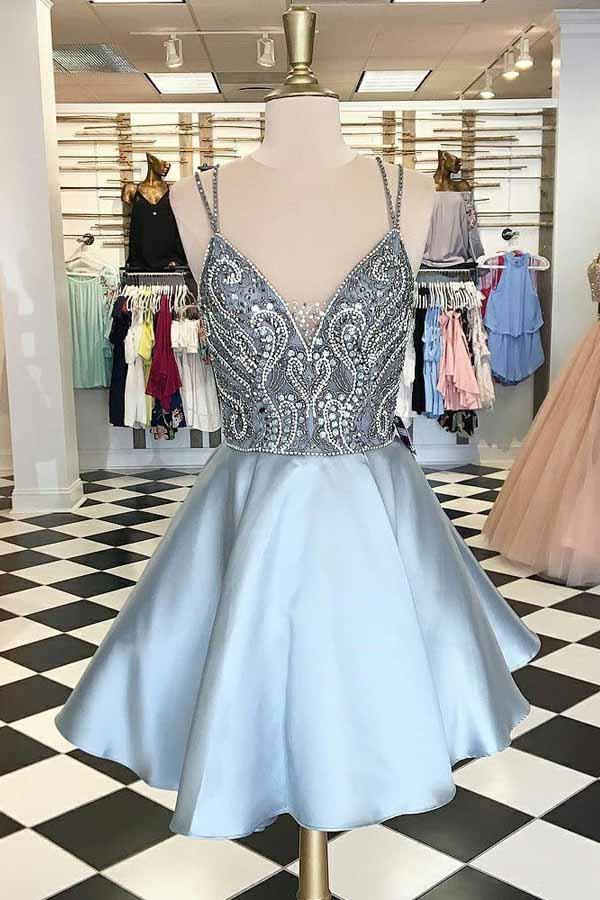 v neck beading bodice spaghetti light blue short homecoming dress with pockets