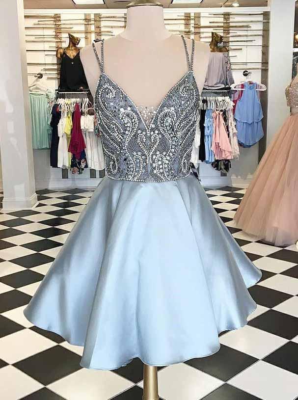v neck beading bodice spaghetti light blue short homecoming dress with pockets