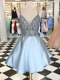 v neck beading bodice spaghetti light blue short homecoming dress with pockets