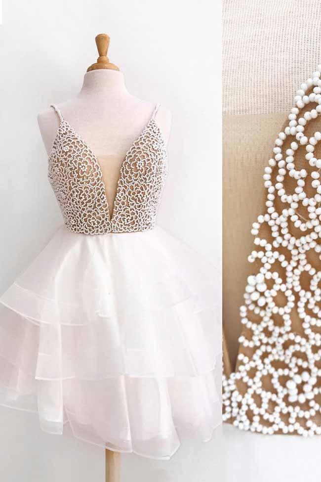 chic v neck beaded bodice homecoming gowns with tulle skirt sweet 15 dresses