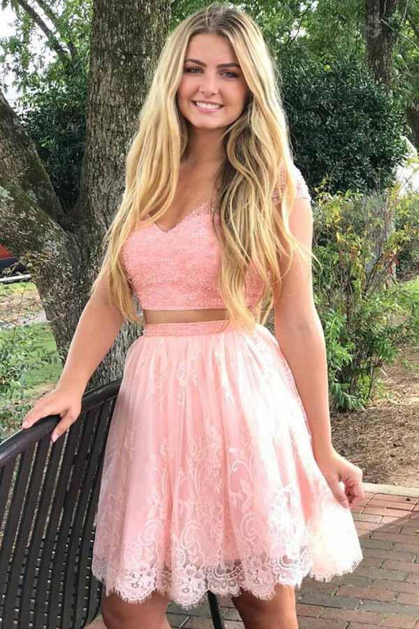 cap sleeves two piece v neck coral lace homecoming dress with beaded
