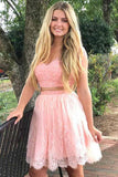 cap sleeves two piece v neck coral lace homecoming dress with beaded