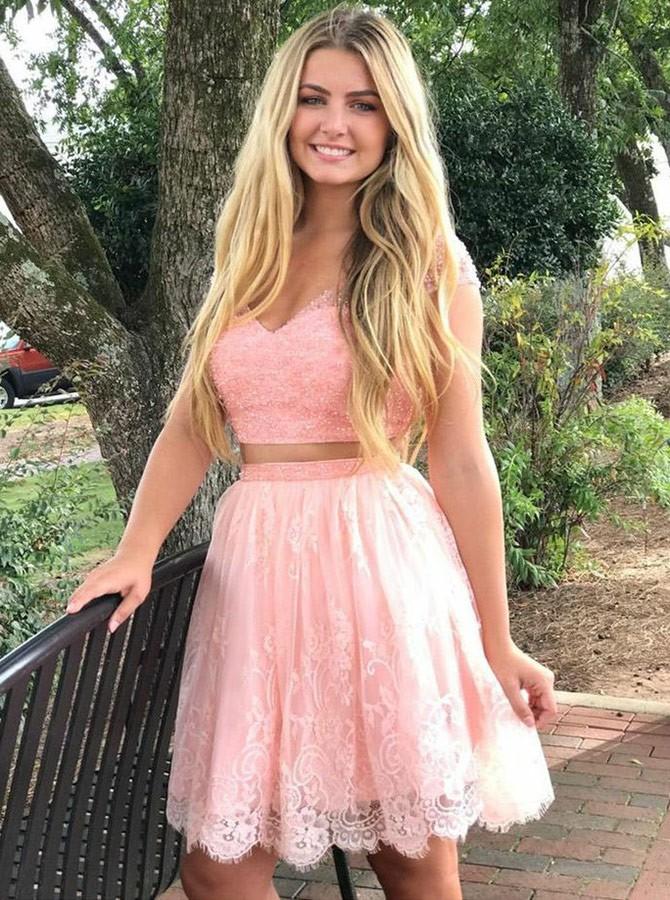 cap sleeves two piece v neck coral lace homecoming dress with beaded