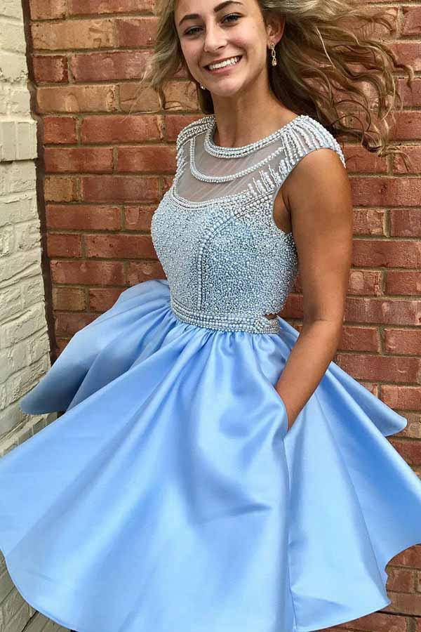 blue open back homecoming dress with pocket beading bodice short prom dresses