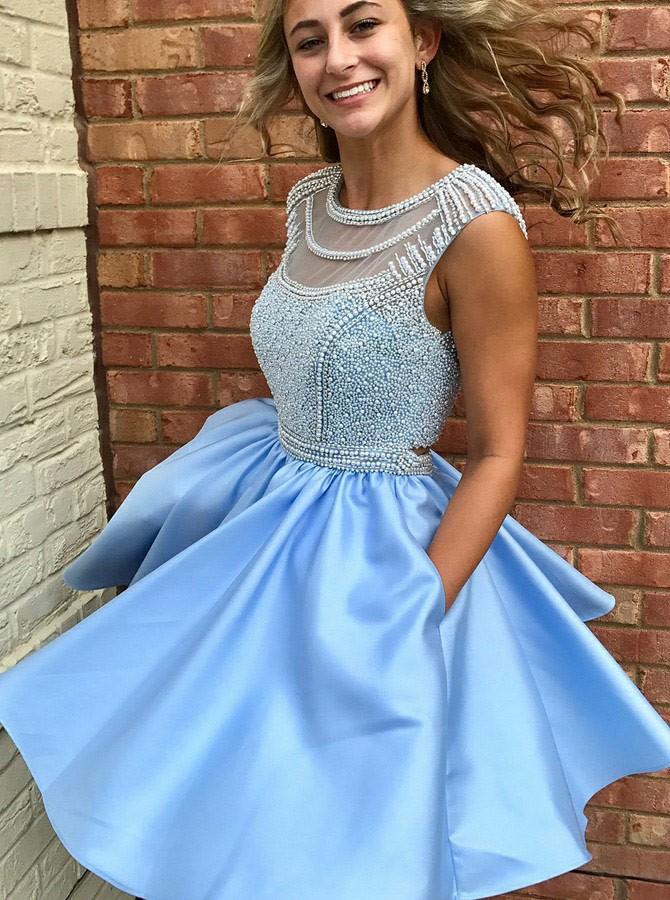 blue open back homecoming dress with pocket beading bodice short prom dresses