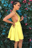 simple yellow v neck satin pleat short prom homecoming dress