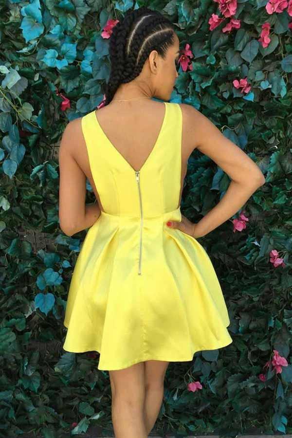 simple yellow v neck satin pleat short prom homecoming dress