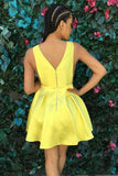 simple yellow v neck satin pleat short prom homecoming dress