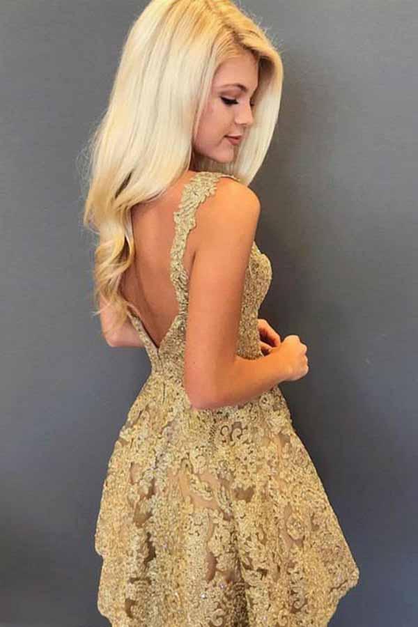 a line v neck short prom dresses lace beading homecoming dresses