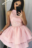 pink high neckline appliques short homecoming dress with layered skirt