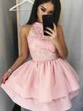 pink high neckline appliques short homecoming dress with layered skirt