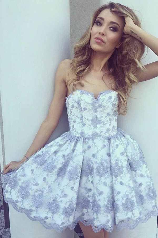 sweetheart lace appliques short prom party dress with pleats