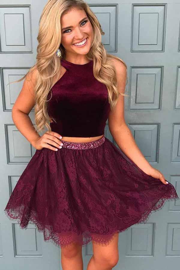 chic two piece halter beading waist homecoming dress with lace skirt