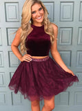 chic two piece halter beading waist homecoming dress with lace skirt