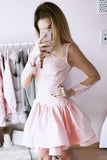 a line v neck lace long sleeves pink layered prom homecoming dresses