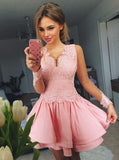 a line v neck lace long sleeves pink layered prom homecoming dresses