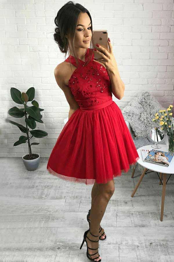 cute red sweet 15 dress a line cross neck beading homecoming dress