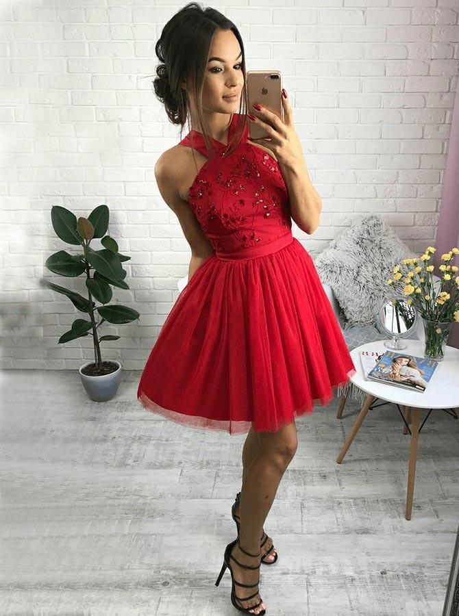 cute red sweet 15 dress a line cross neck beading homecoming dress