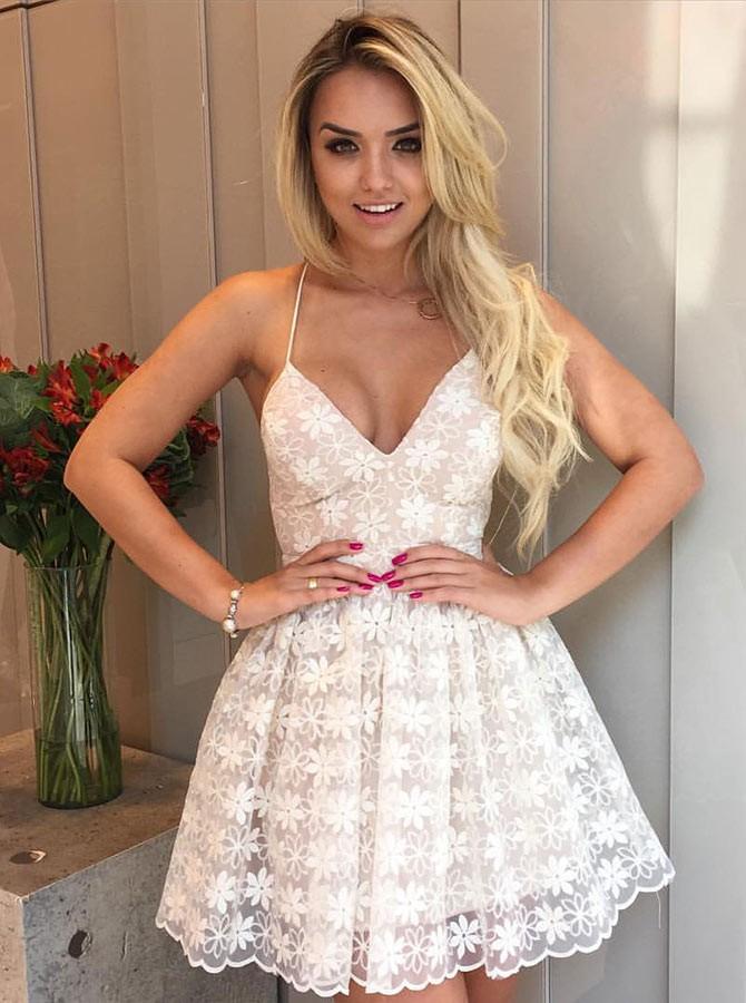 fit spaghetti straps v neck lace short prom homecoming dress