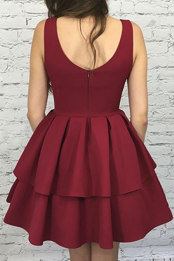 a line v neck burgundy short graduation party dress with pleat tiered