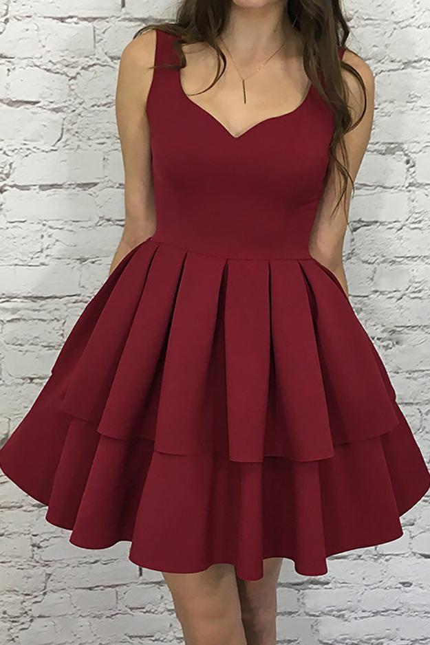 a line v neck burgundy short graduation party dress with pleat tiered