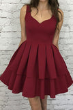 a line v neck burgundy short graduation party dress with pleat tiered