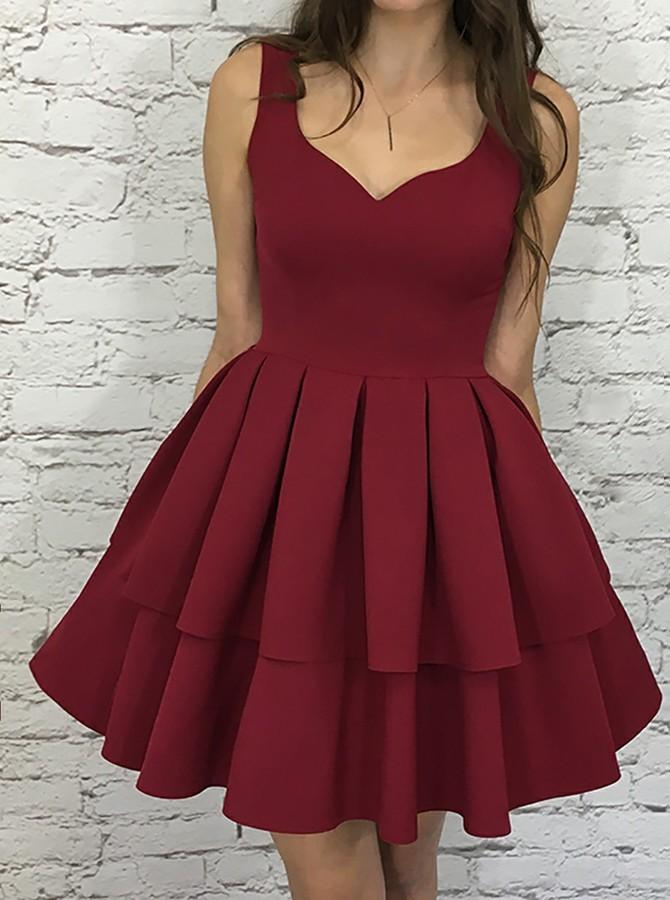 a line v neck burgundy short graduation party dress with pleat tiered