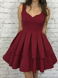 a line v neck burgundy short graduation party dress with pleat tiered