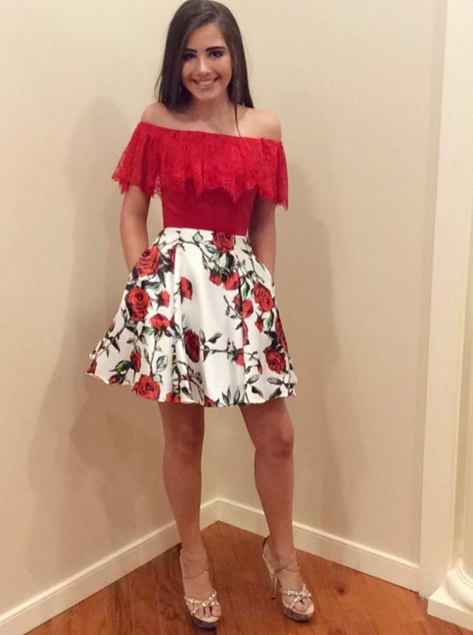ruffles off the shoulder floral print homecoming party dress with pockets