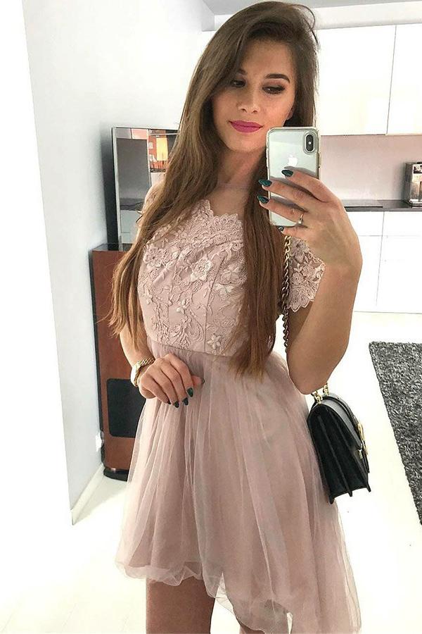 short sleeves embroidered bodice short graduation dresses