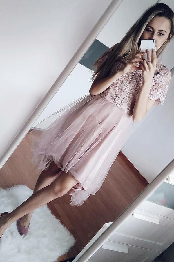 short sleeves embroidered bodice short graduation dresses