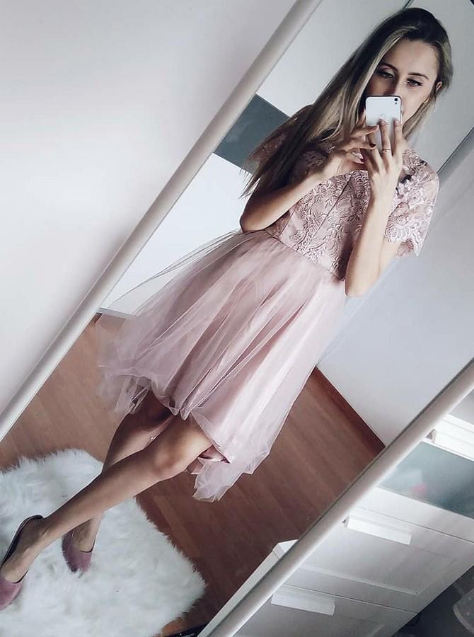 short sleeves embroidered bodice short graduation dresses