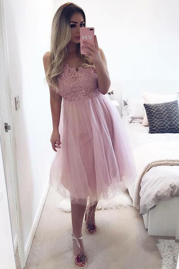 a line v neck appliqued bodice homecoming dress with tulle skirt