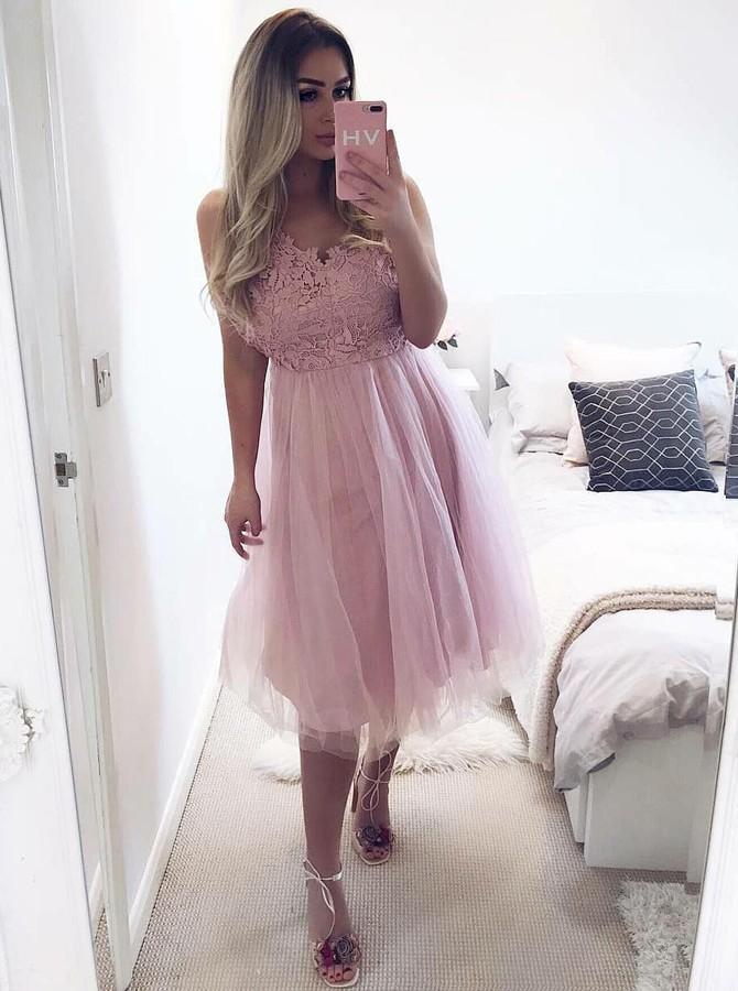 a line v neck appliqued bodice homecoming dress with tulle skirt