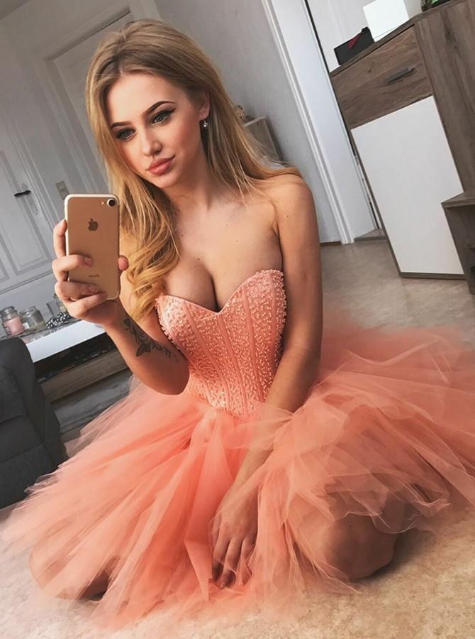 chic coral sweetheart tulle short prom dress beading party dress