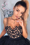 spaghetti straps black homecoming dresses with appliques