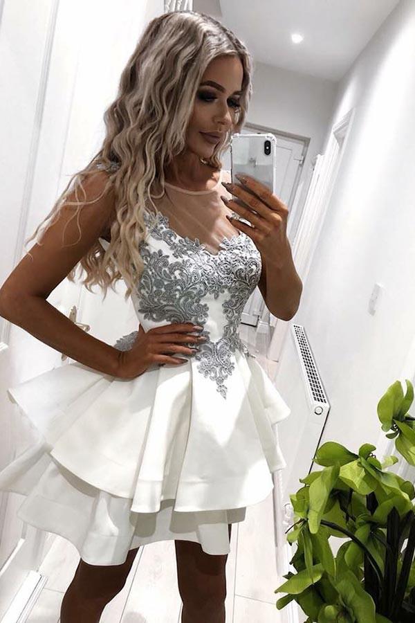 illusion neck appliques taffeta short party dress with layered skirt