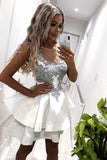 illusion neck appliques taffeta short party dress with layered skirt