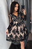 Black Lace Appliques Long Sleeves Short Prom Homecoming Dress GM234