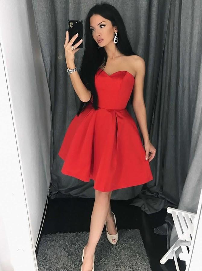 simple red homecoming dress sweetheart short prom dress with pleats